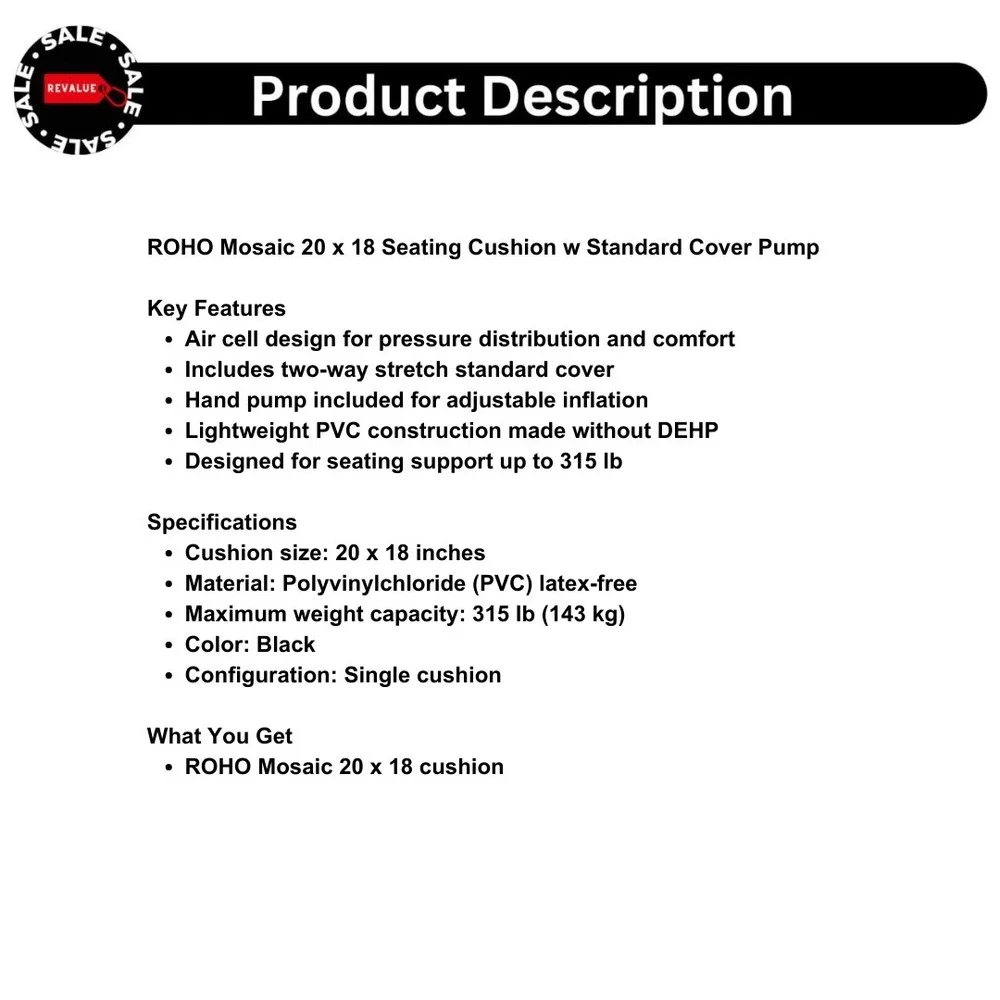 ROHO Mosaic 20 x 18 Seating Cushion‎ w Standard Cover Pump